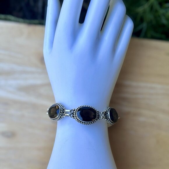 VTG Link Bracelet 6.75 Smoky Quartz Oval Shape Gems 925 Sterling Silver 32.9g - Picture 5 of 10
